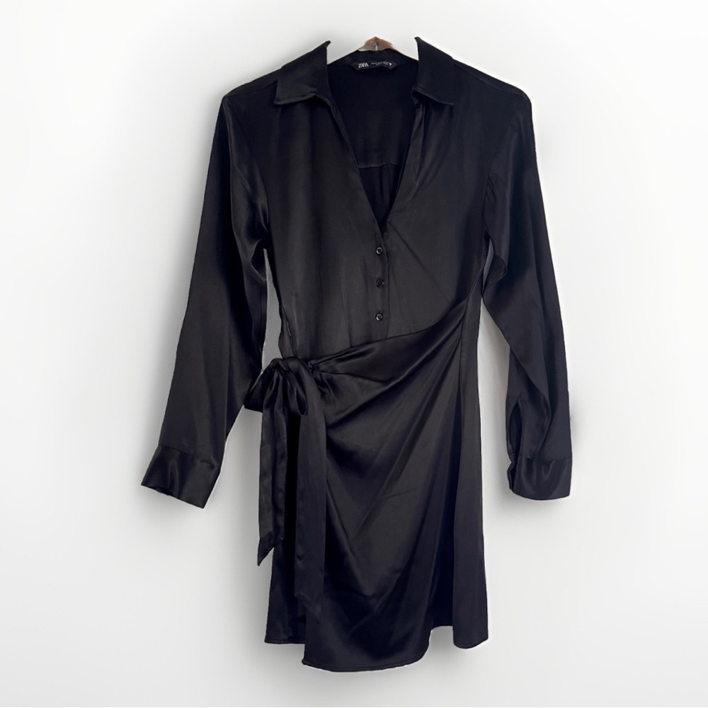 XS ZARA Black Satin Wrap Dress Faux Collar Button Front Size XS